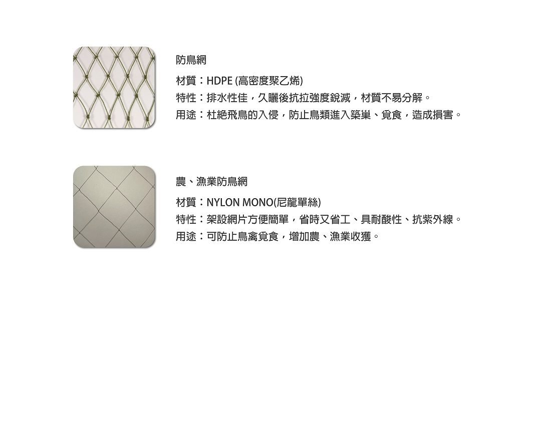 Bird netting specification sheet