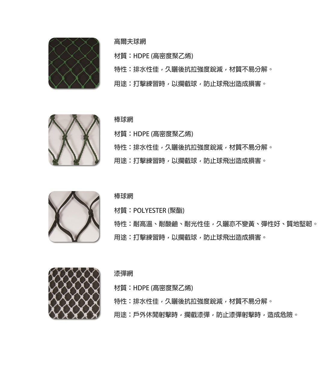 Sports netting specification sheet
