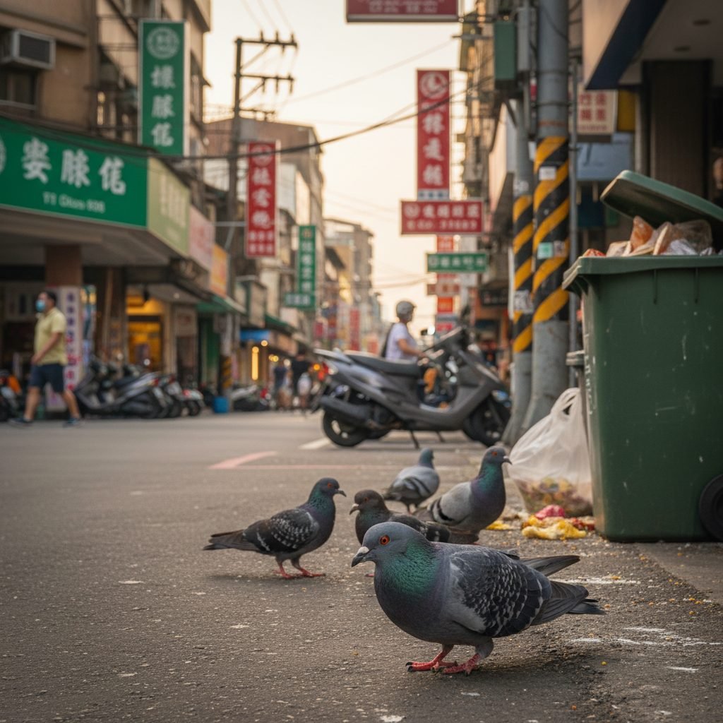 Feral pigeons in an urban setting