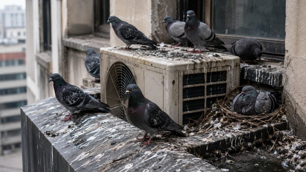 Feral pigeons gathering on a city building
